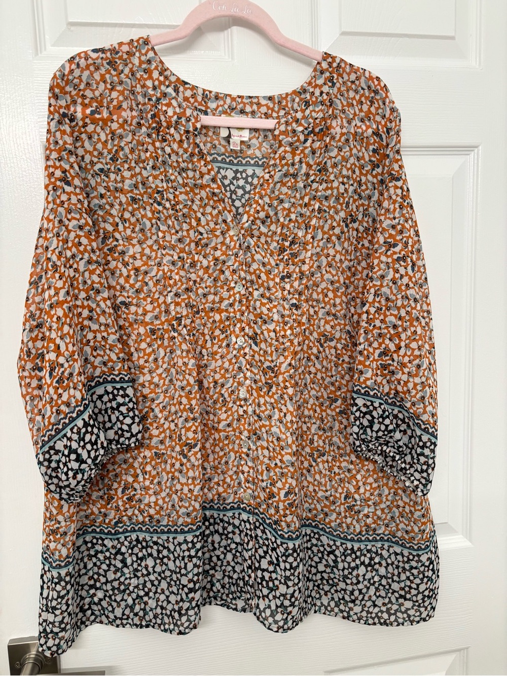 Fig & Flower Boho Printed Button-Front Women's Top in Rust and Black XXL